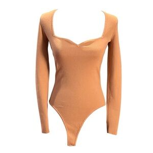 Aqua x Scout The City Top Long Sleeve Square Neck Fitted Ribbed Knit Beige